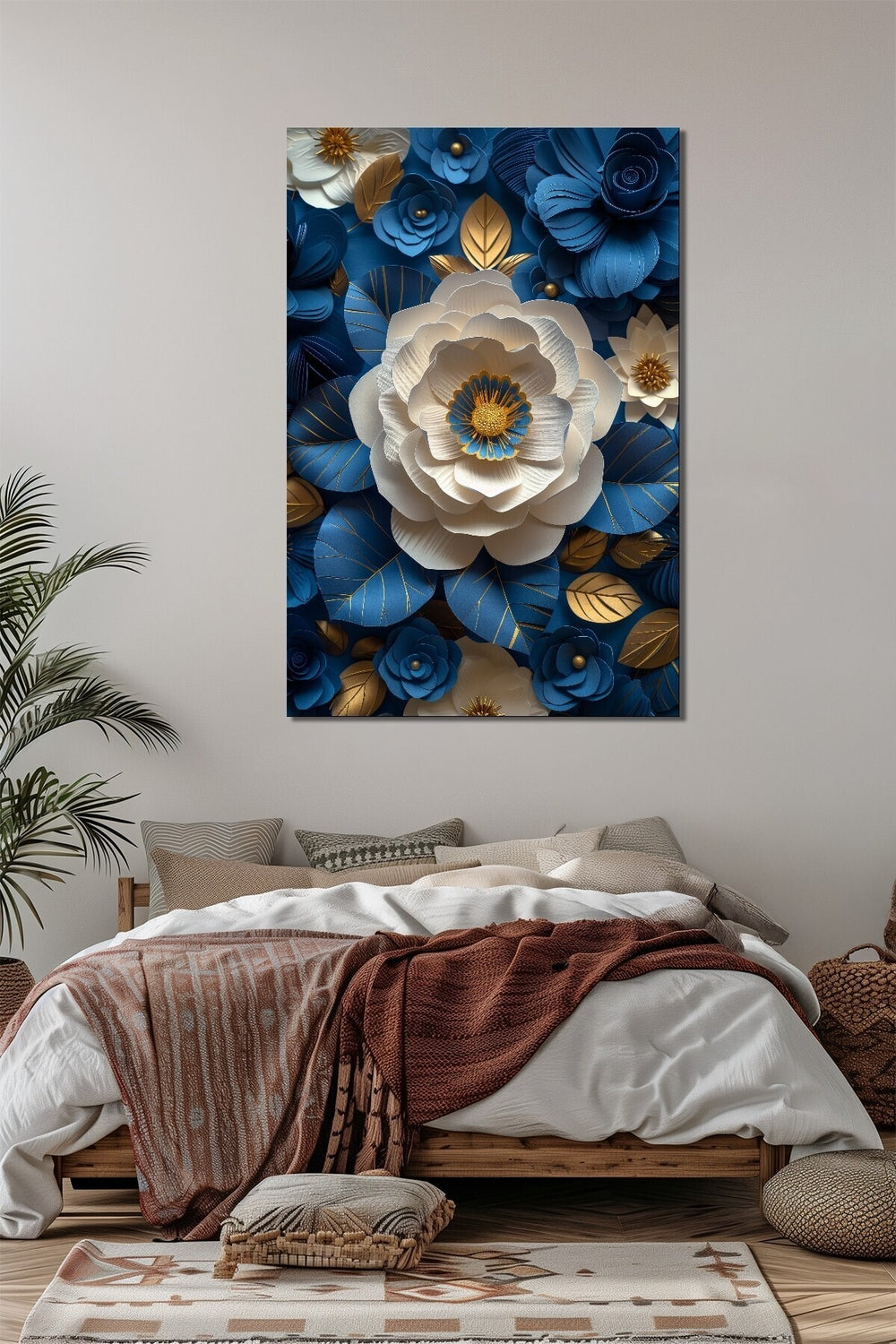 Mavi Çiçek Baskılı Cam Tablo – Altın Detaylı 3D Görünümlü Lüks Floral Duvar Dekoru