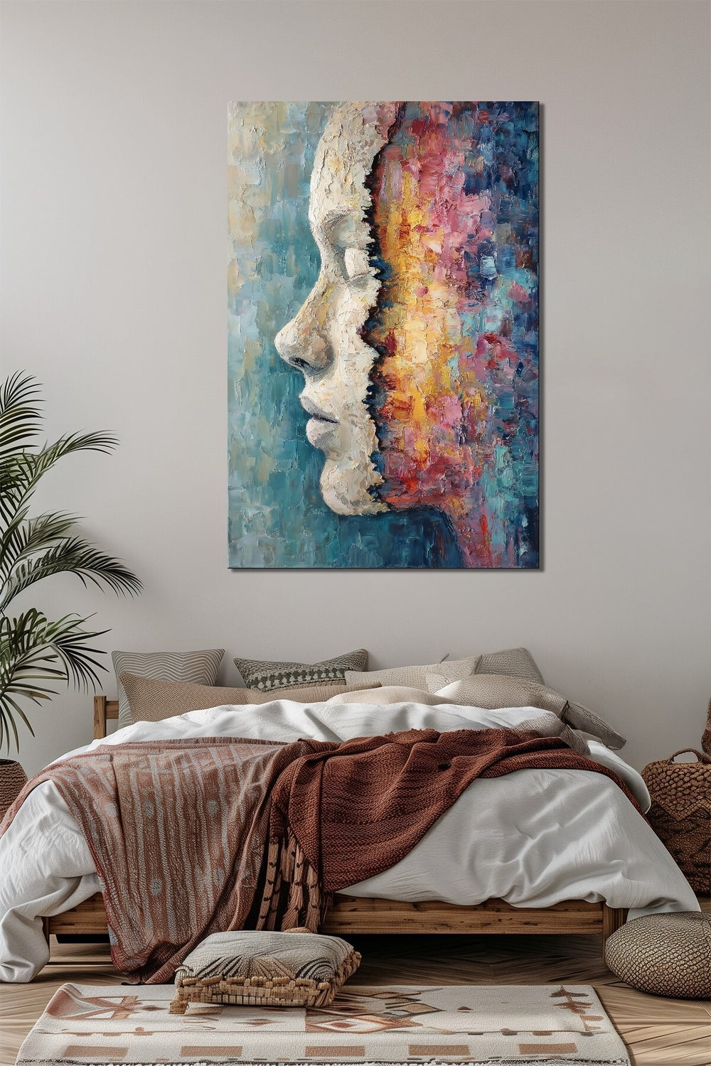 Soyut Yüz Portre Baskılı Cam Tablo – Renk Geçişli Modern Sanat Duvar Dekoru