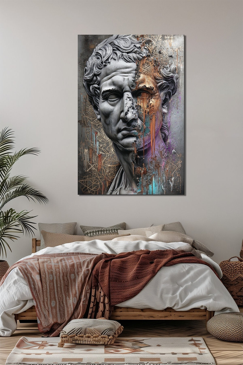Antik Heykel Baskılı Cam Tablo – Modern Dokunuşlu Klasik Sanat Duvar Dekoru