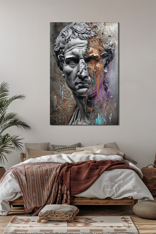 Antik Heykel Baskılı Cam Tablo – Modern Dokunuşlu Klasik Sanat Duvar Dekoru