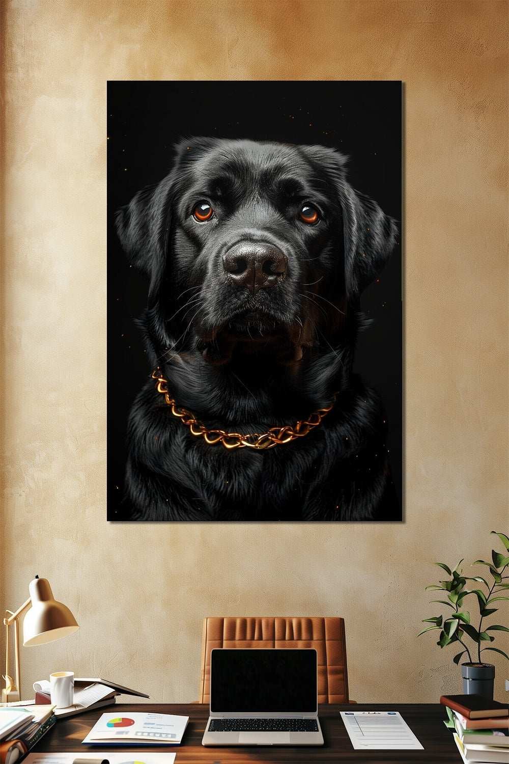 Siyah Köpek Baskılı Cam Tablo – Gold Zincir Detaylı Modern Hayvan Temalı Duvar Dekoru