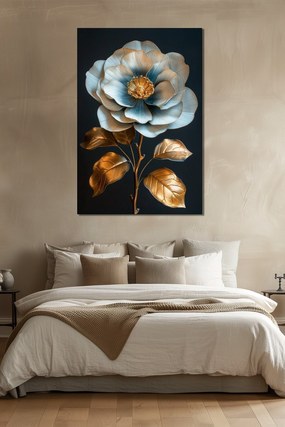 Beyaz Çiçek Baskılı Cam Tablo – Altın Yaprak Detaylı Şık Dekoratif Duvar Tablosu