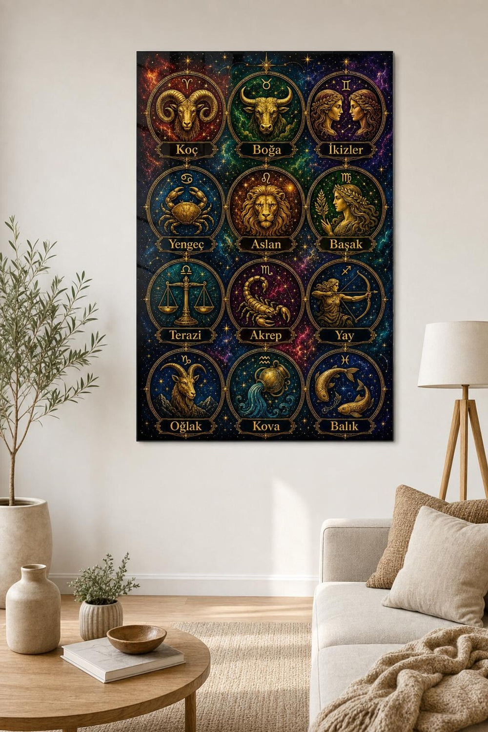 Burçlar Desenli Baskılı Cam Tablo – UV Baskı Astroloji Dekoratif Duvar Tablosu