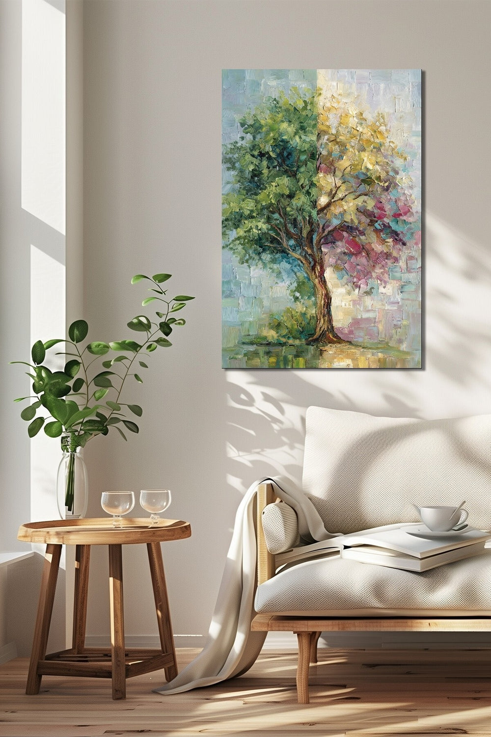 Soyut Ağaç Baskılı Cam Tablo – Pastel Renkli Modern Doğa Temalı UV Baskı