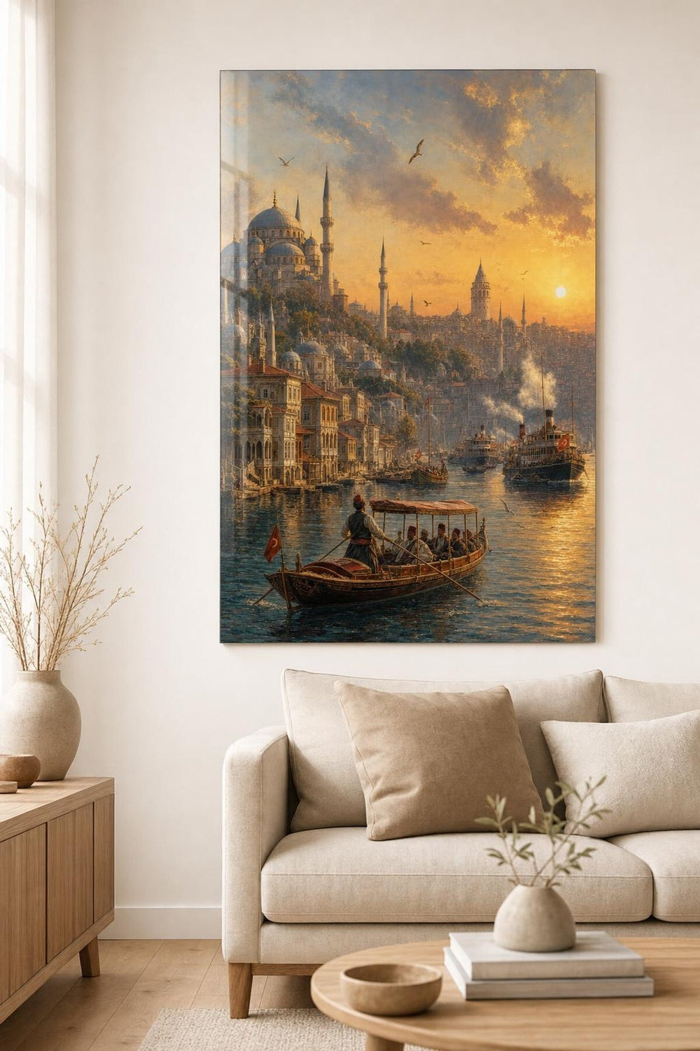 İstanbul Boğazı Desenli Baskılı Cam Tablo – Osmanlı Şehir Manzarası UV Baskı