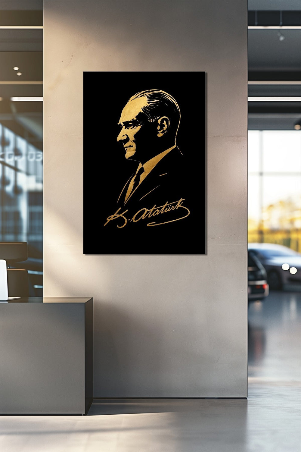 Atatürk Silüet Baskılı Cam Tablo – Gold Detaylı Modern Tasarım