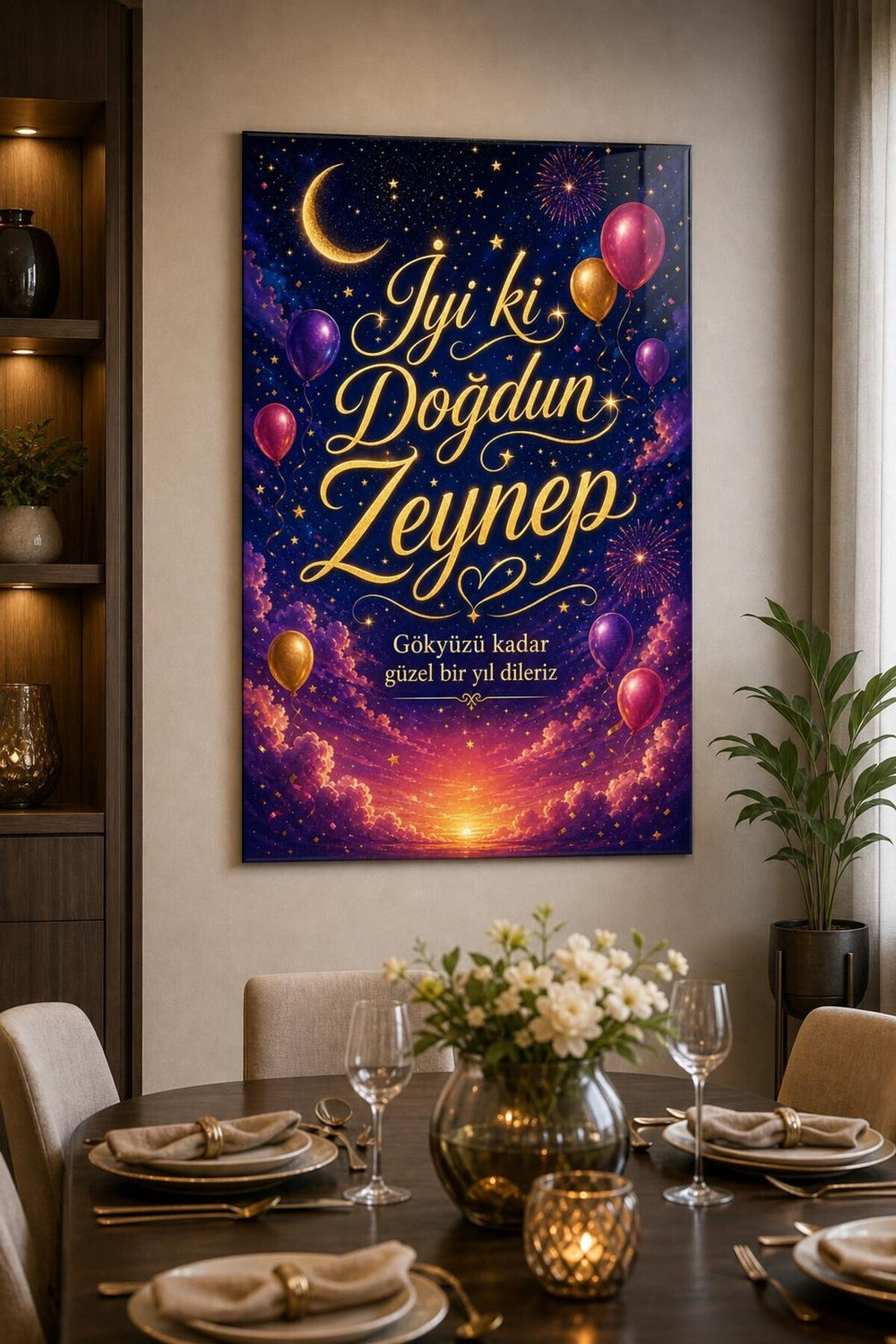 İyi ki Doğdun Yazılı Baskılı Cam Tablo – Yıldızlı Balonlu Dekoratif Duvar Tablosu