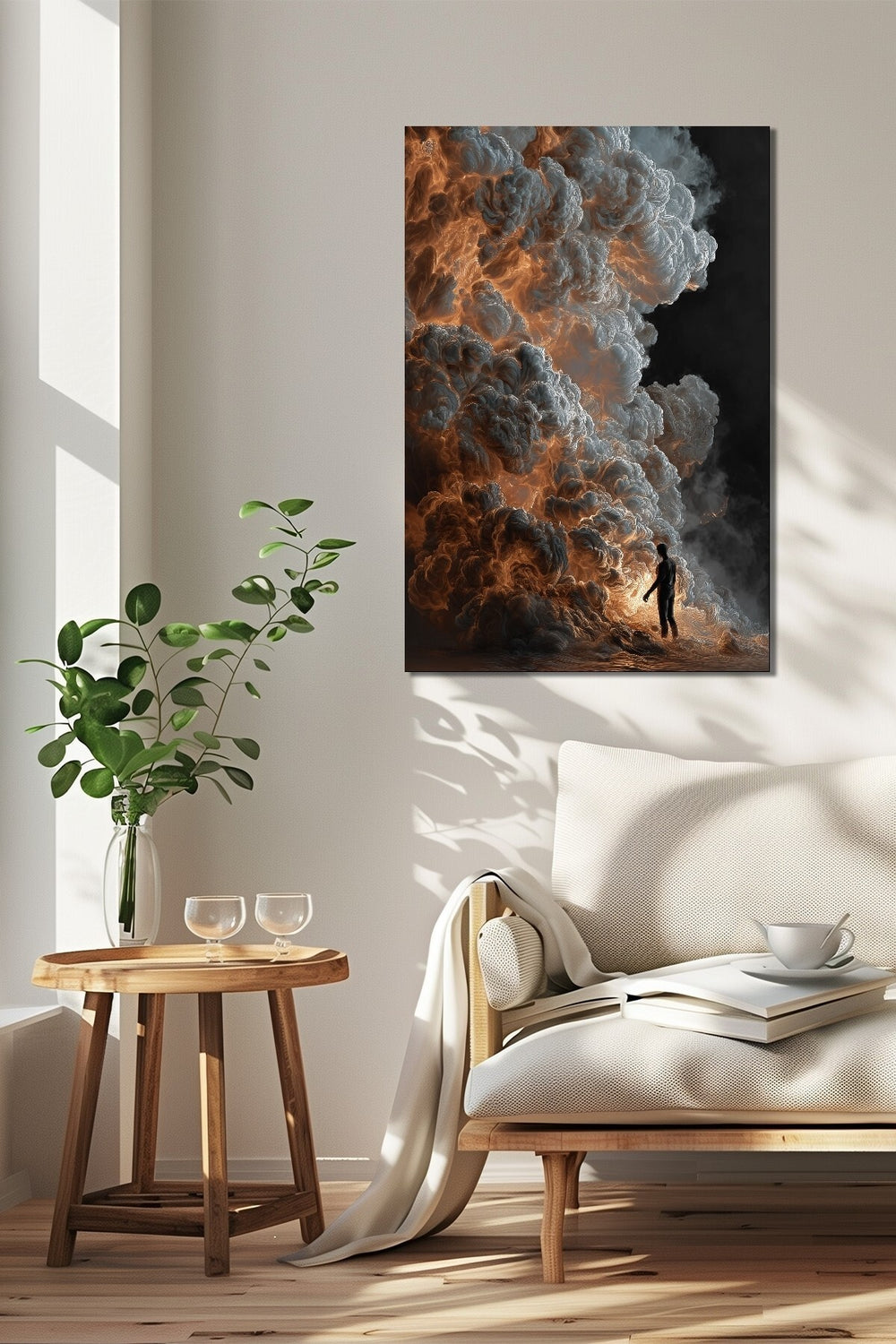 Bulut Fırtınası İnsan Silüeti Baskılı Cam Tablo – Dramatic Modern Sanat UV Baskı