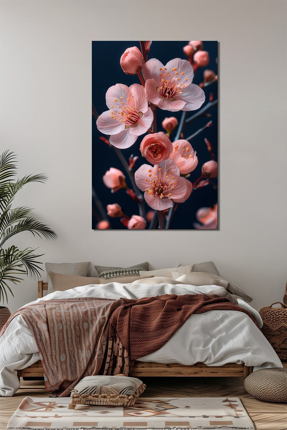 Pembe Çiçek Baskılı Cam Tablo – Sakura Dalı Desenli Dekoratif Duvar Tablosu
