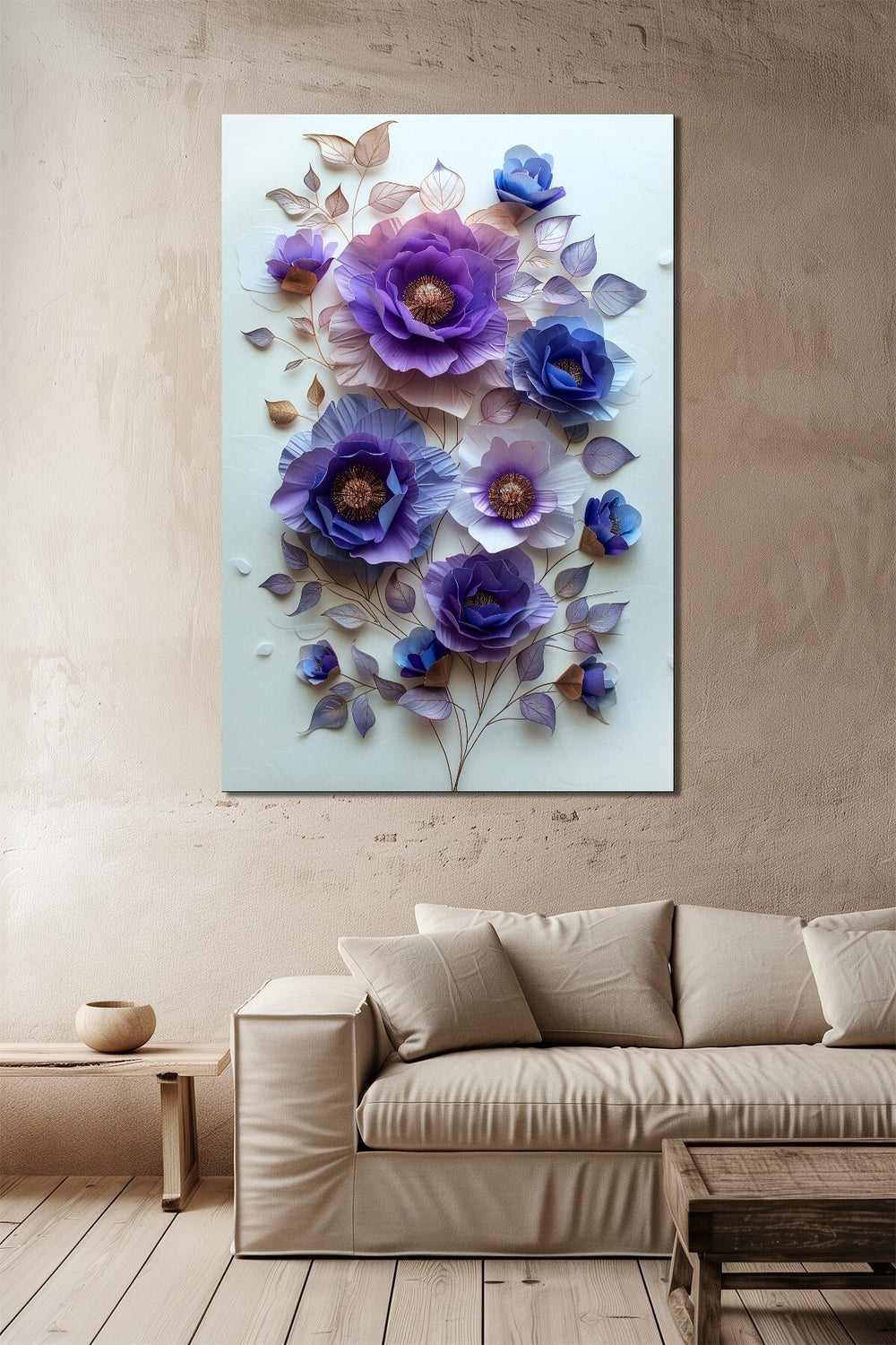 Çiçek Baskılı Cam Tablo – Mor ve Mavi Tonlu 3D Floral Dekoratif Duvar Tablosu