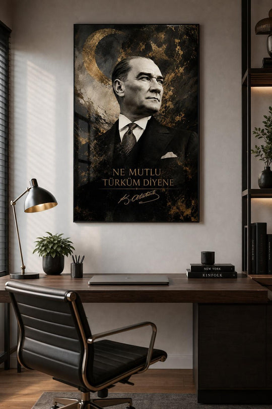 Atatürk Portreli Baskılı Cam Tablo – Türk Bayrağı Temalı UV Baskı Duvar Tablosu