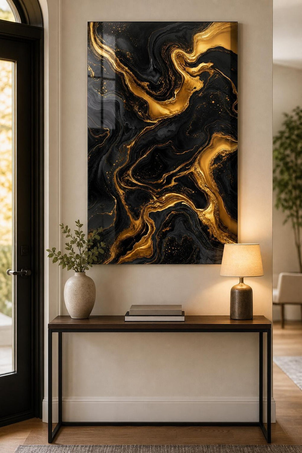 Siyah Gold Mermer Desenli Baskılı Cam Tablo – UV Baskı Dekoratif Duvar Tablosu