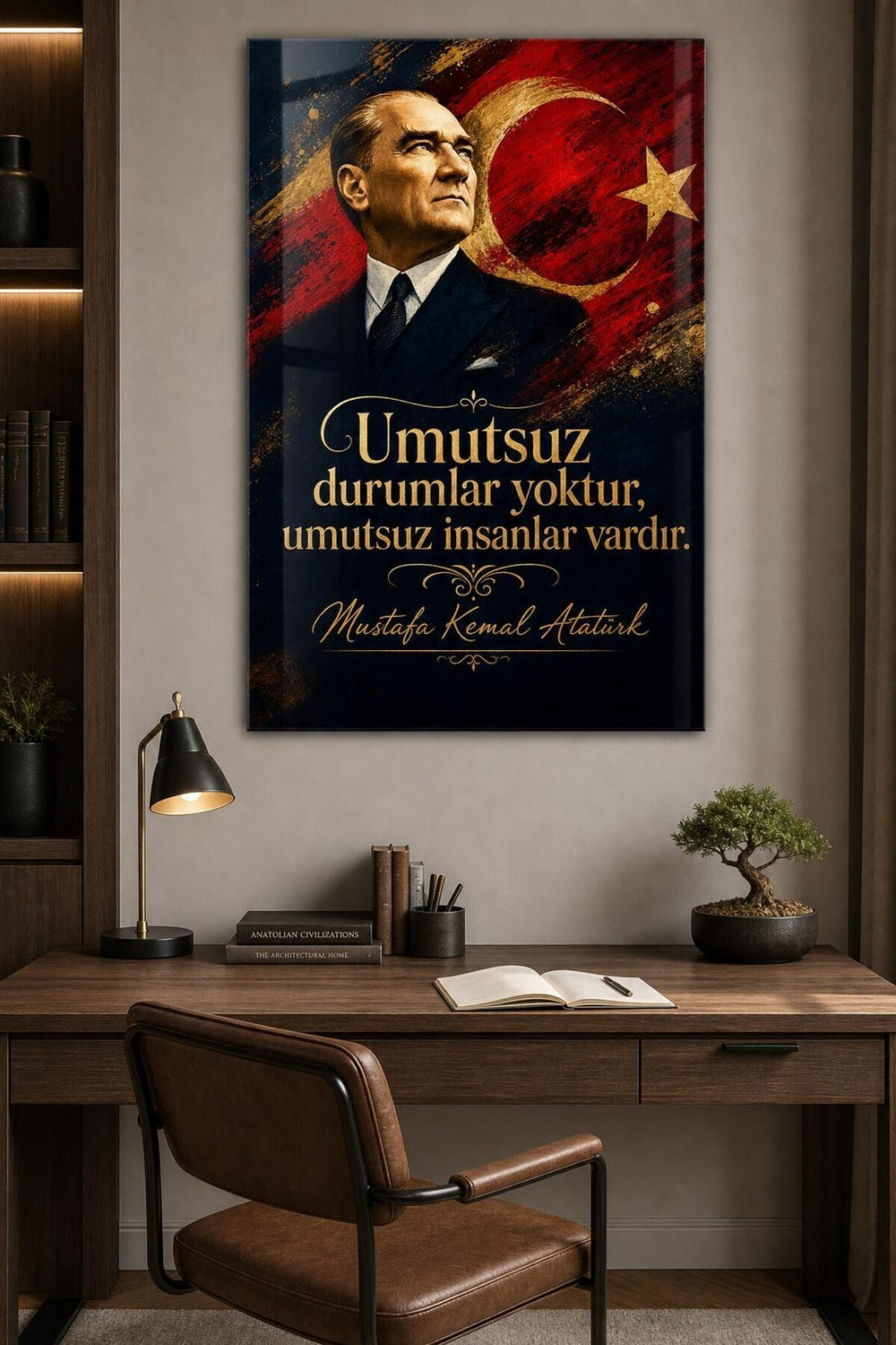 Atatürk ve Türk Bayrağı Baskılı Cam Tablo – İlham Verici Sözlü Duvar Dekoru