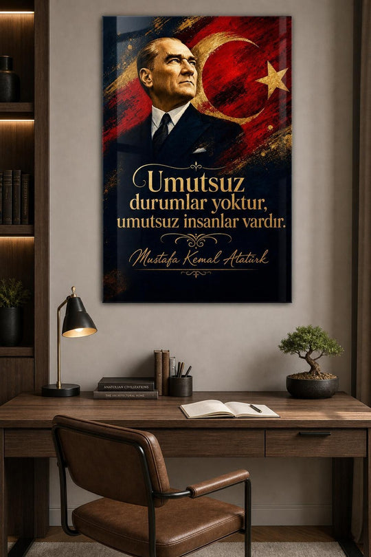 Atatürk ve Türk Bayrağı Baskılı Cam Tablo – İlham Verici Sözlü Duvar Dekoru