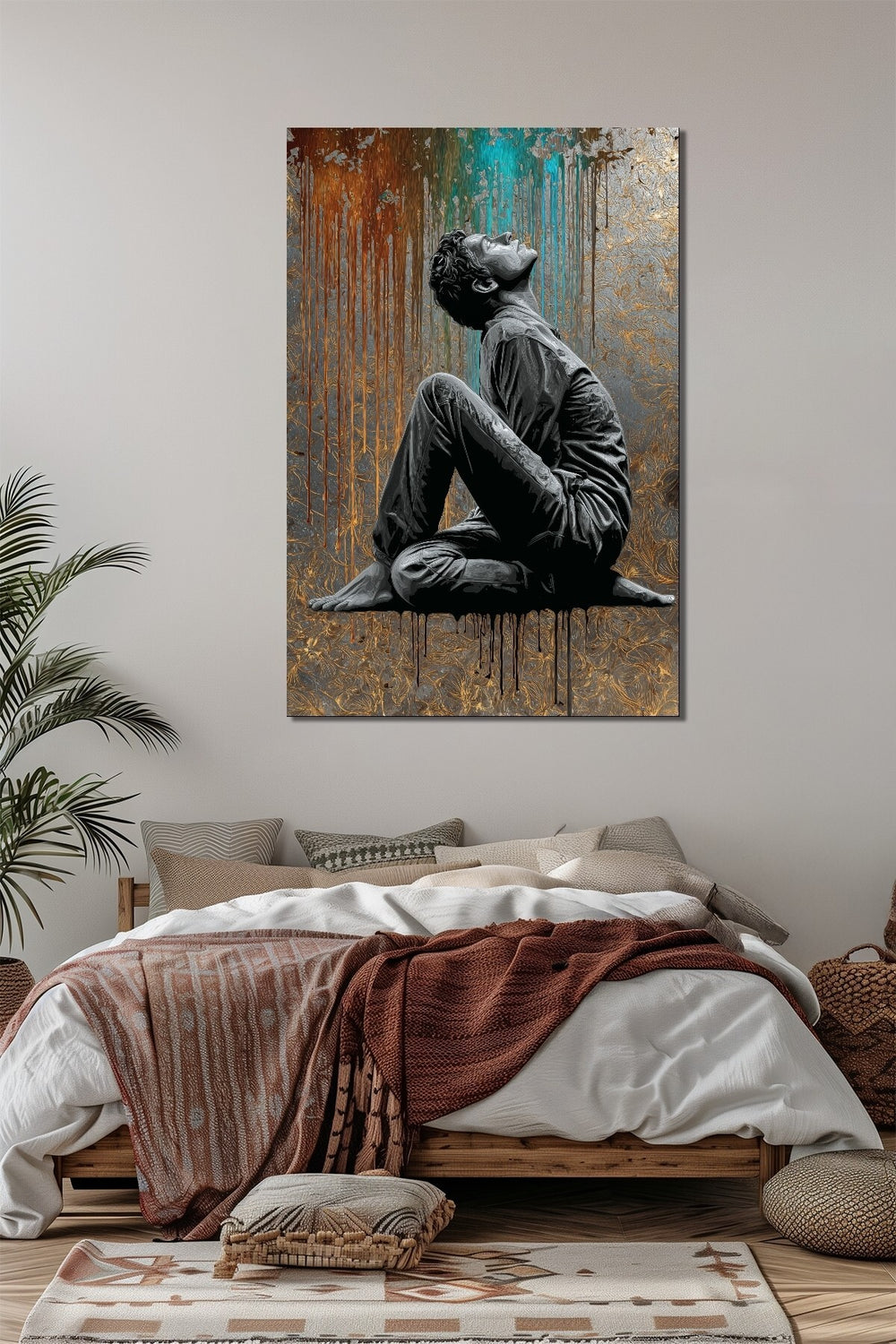 Düşünen Adam Silüeti Baskılı Cam Tablo – Modern Sanat Renk Akışlı UV Baskı Dekoratif Tablo