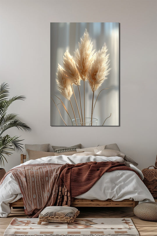 Pampas Otu Baskılı Cam Tablo – Bohem Doğa Temalı UV Baskı Modern Duvar Dekoru