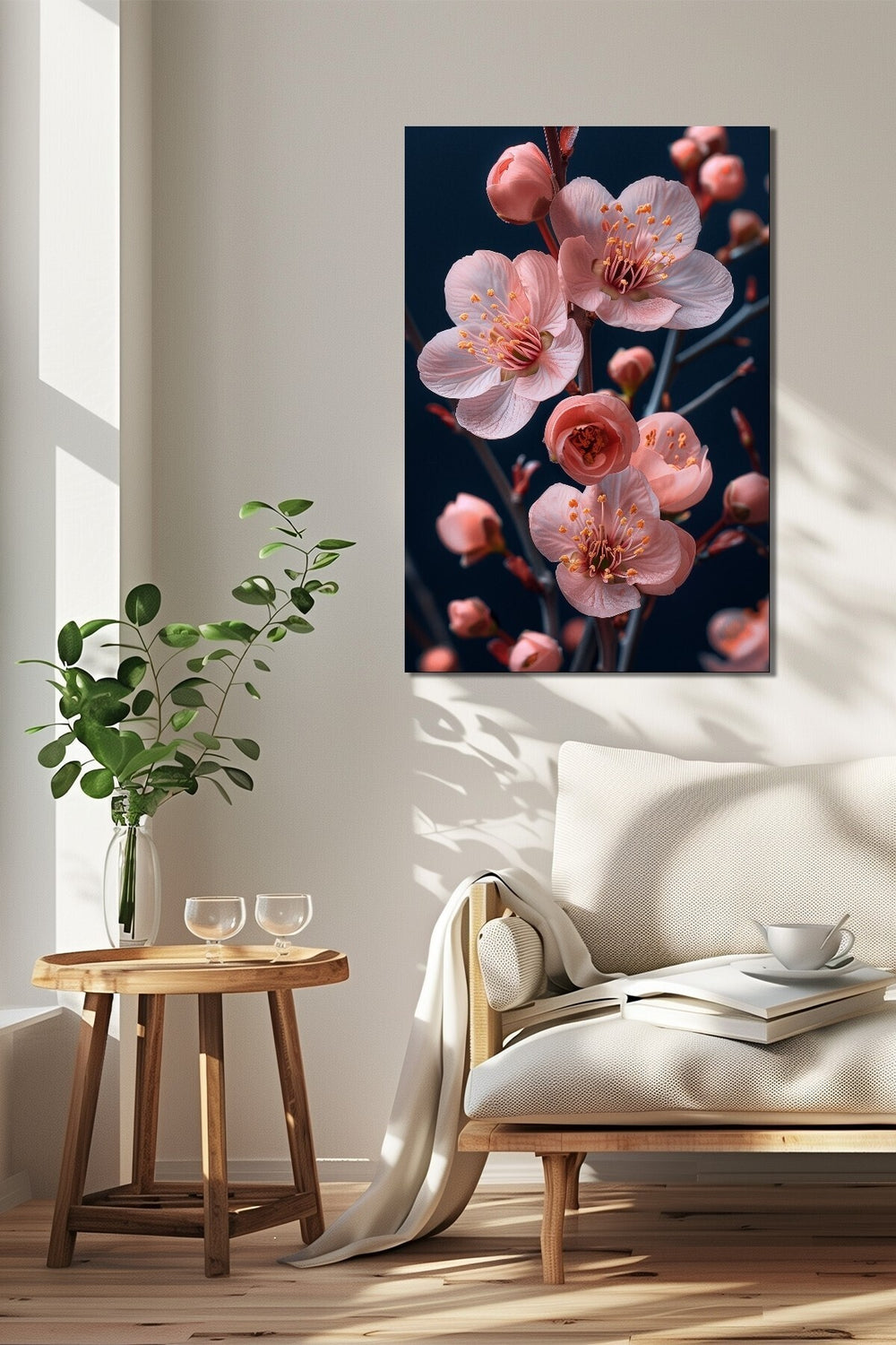 Pembe Çiçek Baskılı Cam Tablo – Sakura Dalı Desenli Dekoratif Duvar Tablosu