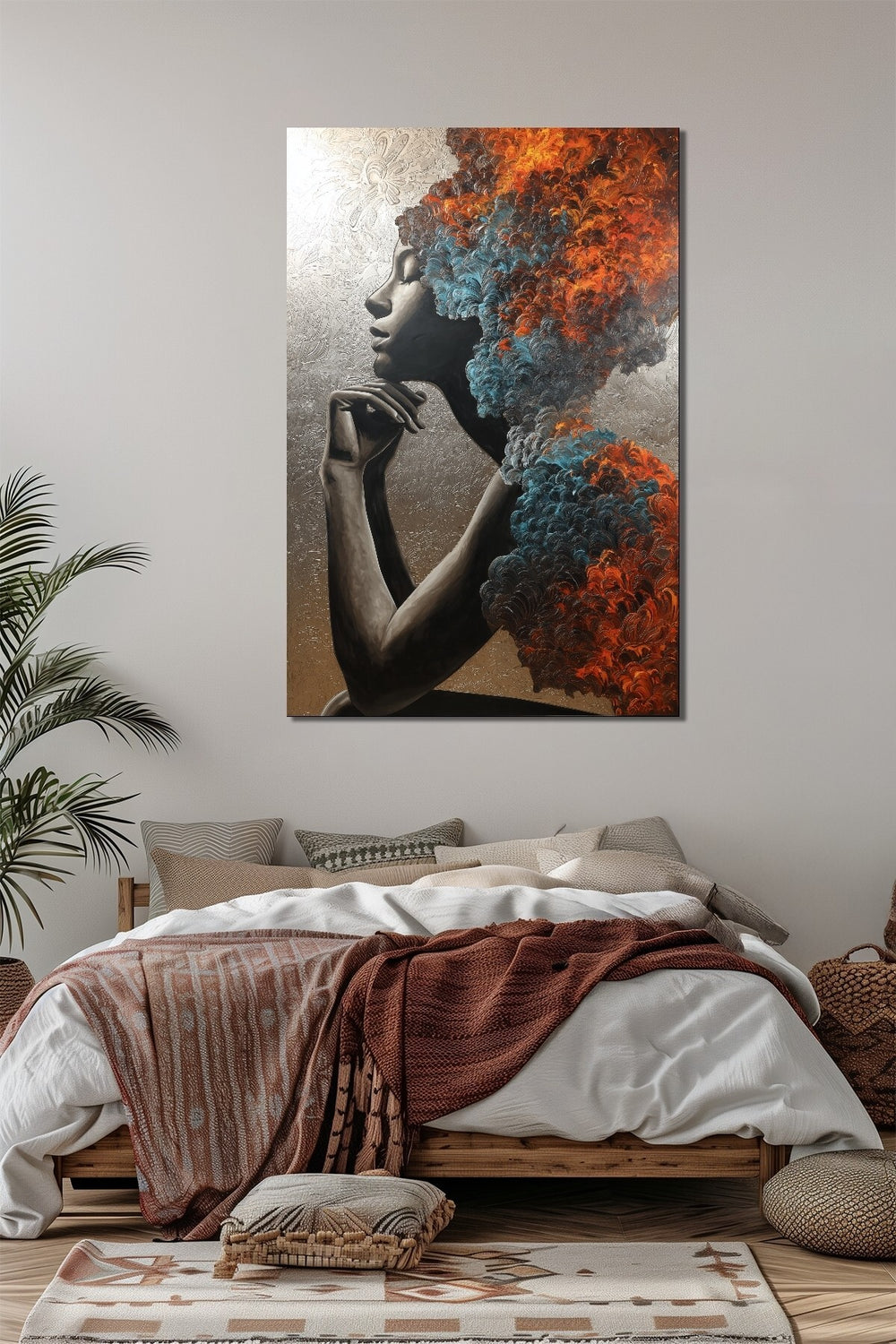 Soyut Kadın Portre Renk Patlaması Baskılı Cam Tablo – Modern Sanatsal UV Baskı Dekor