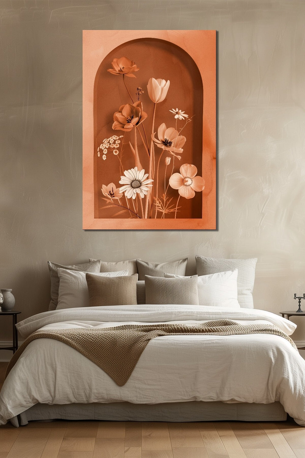 Turuncu Çiçek Baskılı Cam Tablo – Kemer Niş Tasarımlı Modern Floral Dekor