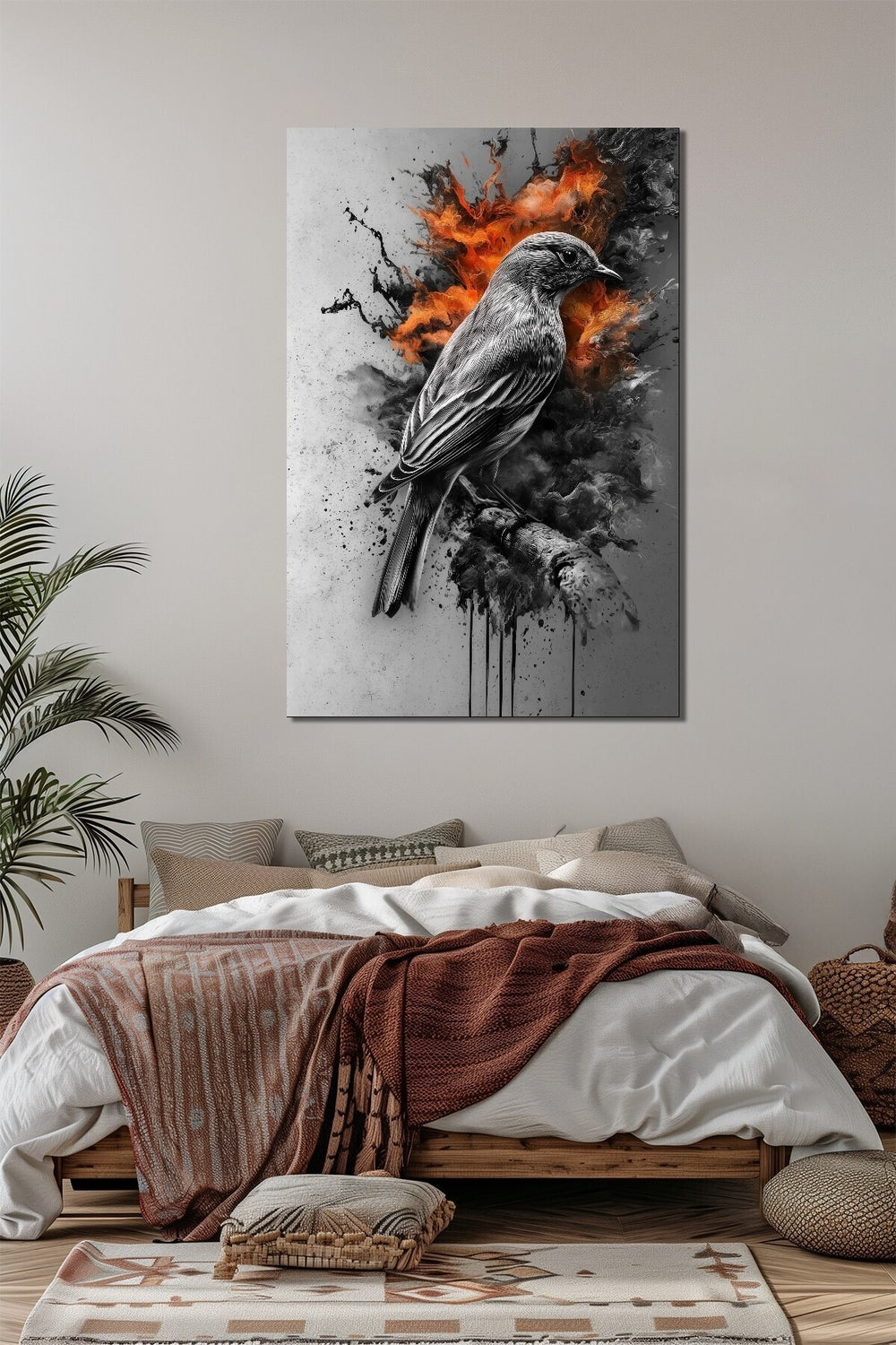 Ateş Efektli Kuş Baskılı Cam Tablo – Modern Sanatsal Dekoratif Duvar Tablosu