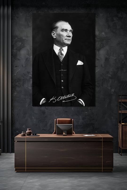 Atatürk İmzalı Siyah Beyaz Baskılı Cam Tablo – Klasik Şık UV Baskı Duvar Dekoru