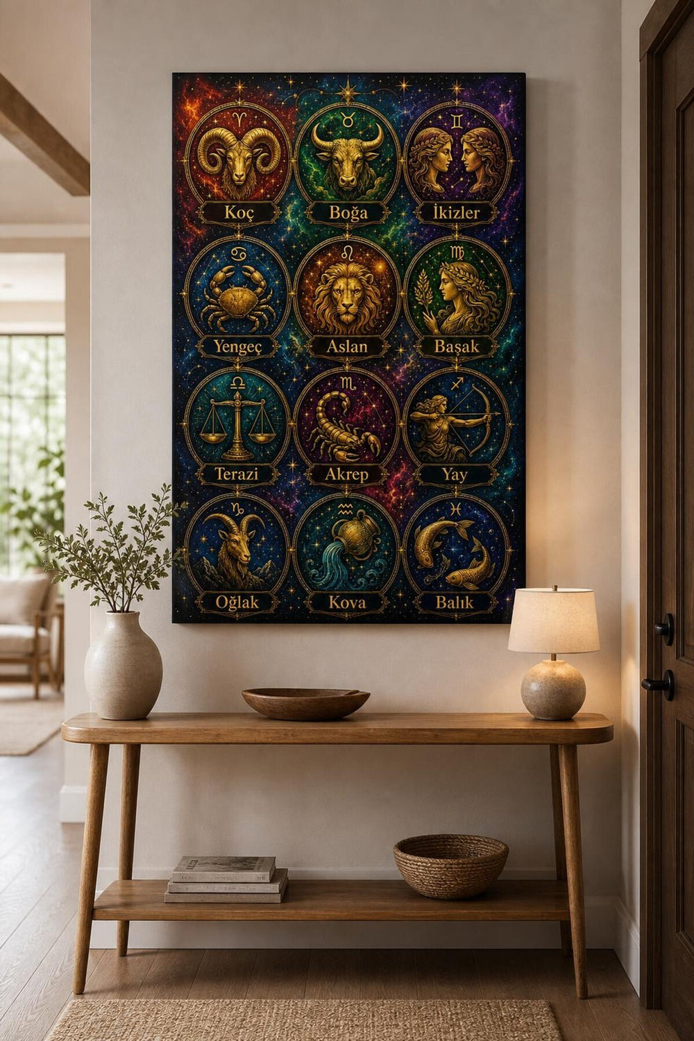 Burçlar Desenli Baskılı Cam Tablo – UV Baskı Astroloji Dekoratif Duvar Tablosu