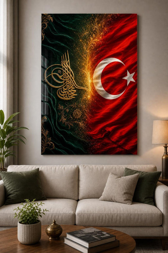Osmanlı Tuğrası Türk Bayrağı Baskılı Cam Tablo – UV Baskı Dekoratif Duvar Tablosu