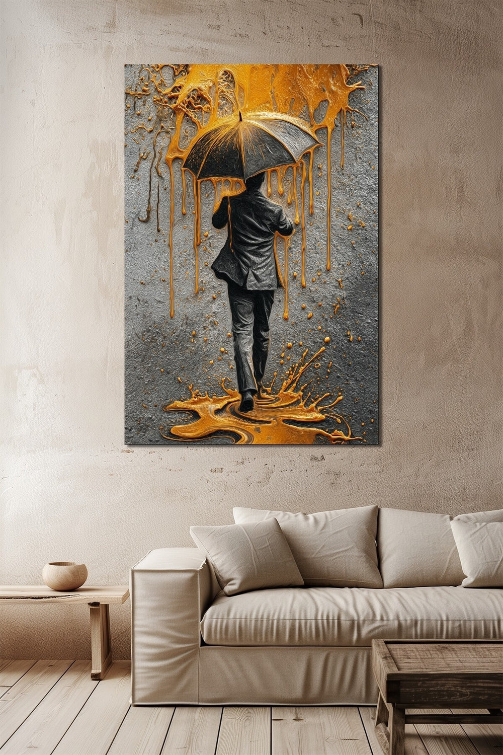 Şemsiyeli Adam Altın Yağmur Efektli Baskılı Cam Tablo – Modern Sanat UV Baskı