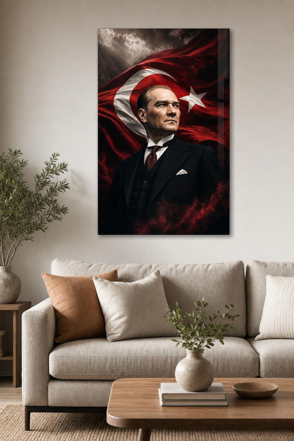Atatürk Dalgalanan Bayrak Portre Baskılı Cam Tablo – UV Baskı Dekoratif Duvar Tablosu