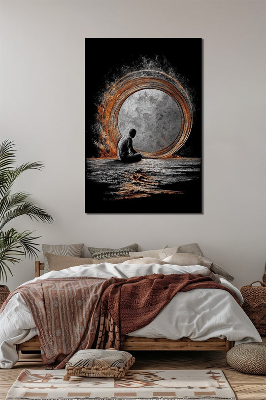 Meditasyon Halka Enerji Baskılı Cam Tablo – Soyut Işık Çemberi Modern Duvar Dekoru