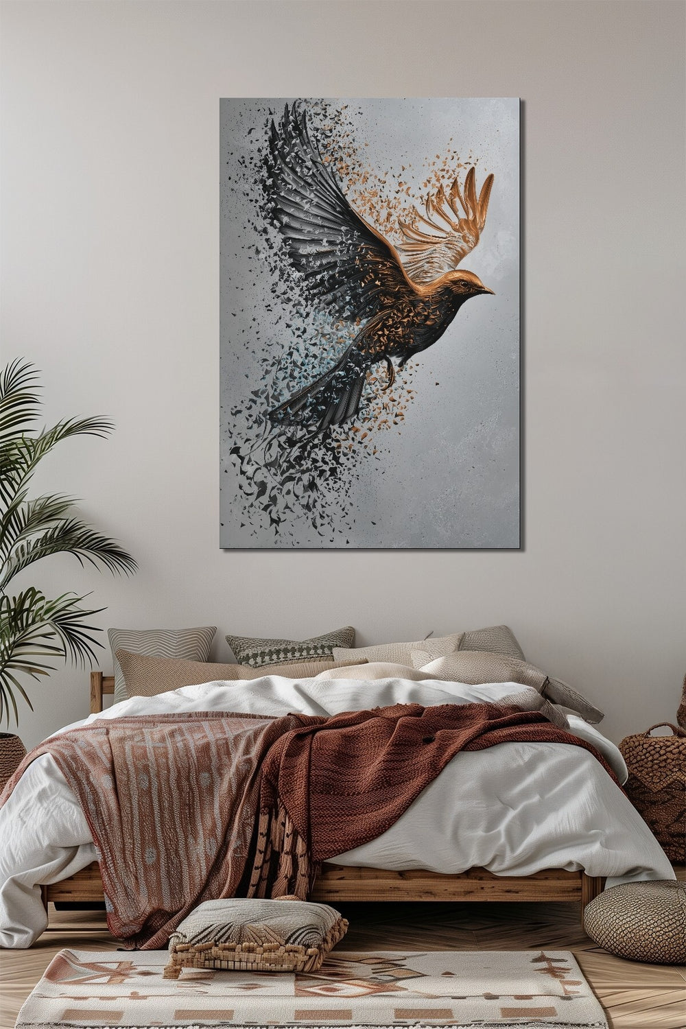 Uçan Kuş Baskılı Cam Tablo – Parçalanma Efektli Modern Duvar Dekoru