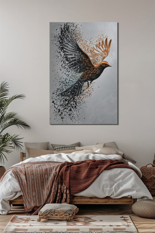 Uçan Kuş Baskılı Cam Tablo – Parçalanma Efektli Modern Duvar Dekoru