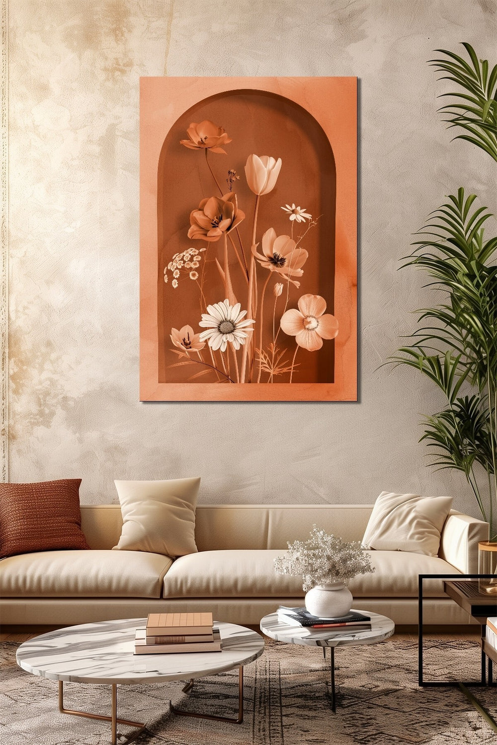 Turuncu Çiçek Baskılı Cam Tablo – Kemer Niş Tasarımlı Modern Floral Dekor