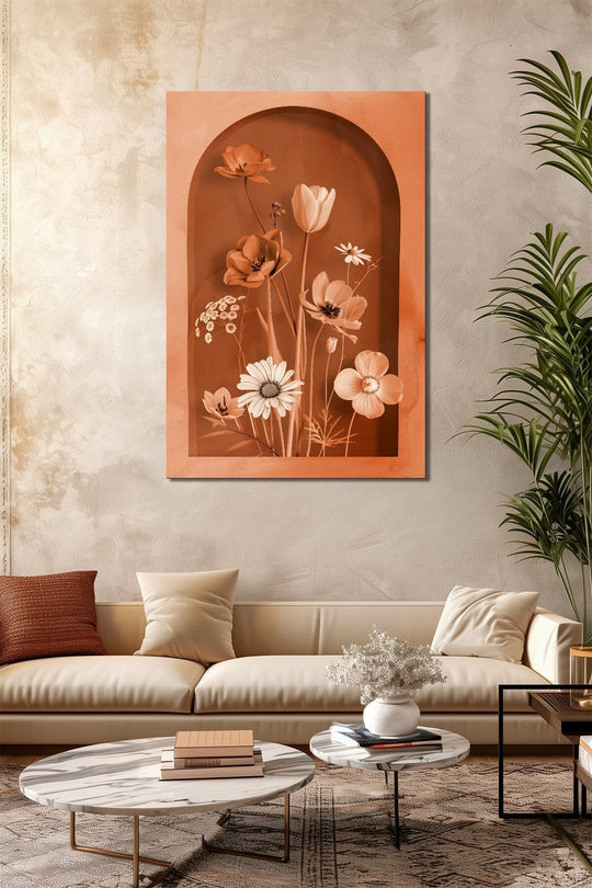 Turuncu Çiçek Baskılı Cam Tablo – Kemer Niş Tasarımlı Modern Floral Dekor