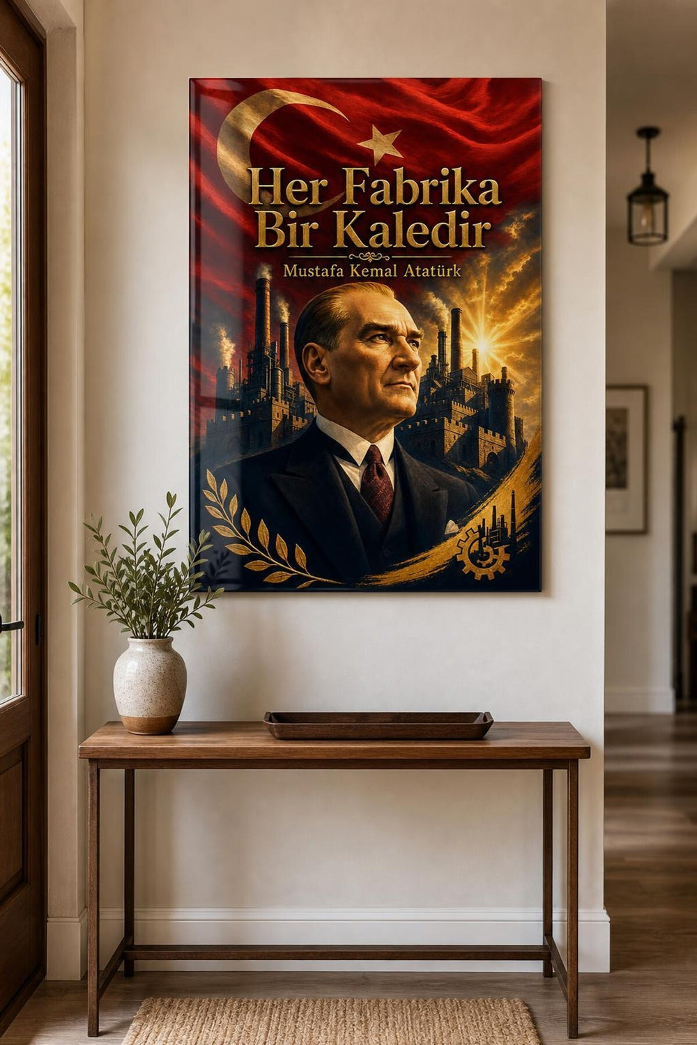 Atatürk Her Fabrika Bir Kaledir Baskılı Cam Tablo – Türk Bayrağı Dekoratif