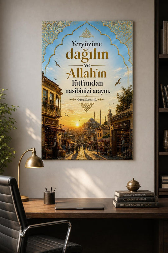 Cuma Suresi Ayetli Baskılı Cam Tablo – Manevi İslami Dekoratif Duvar Tablosu
