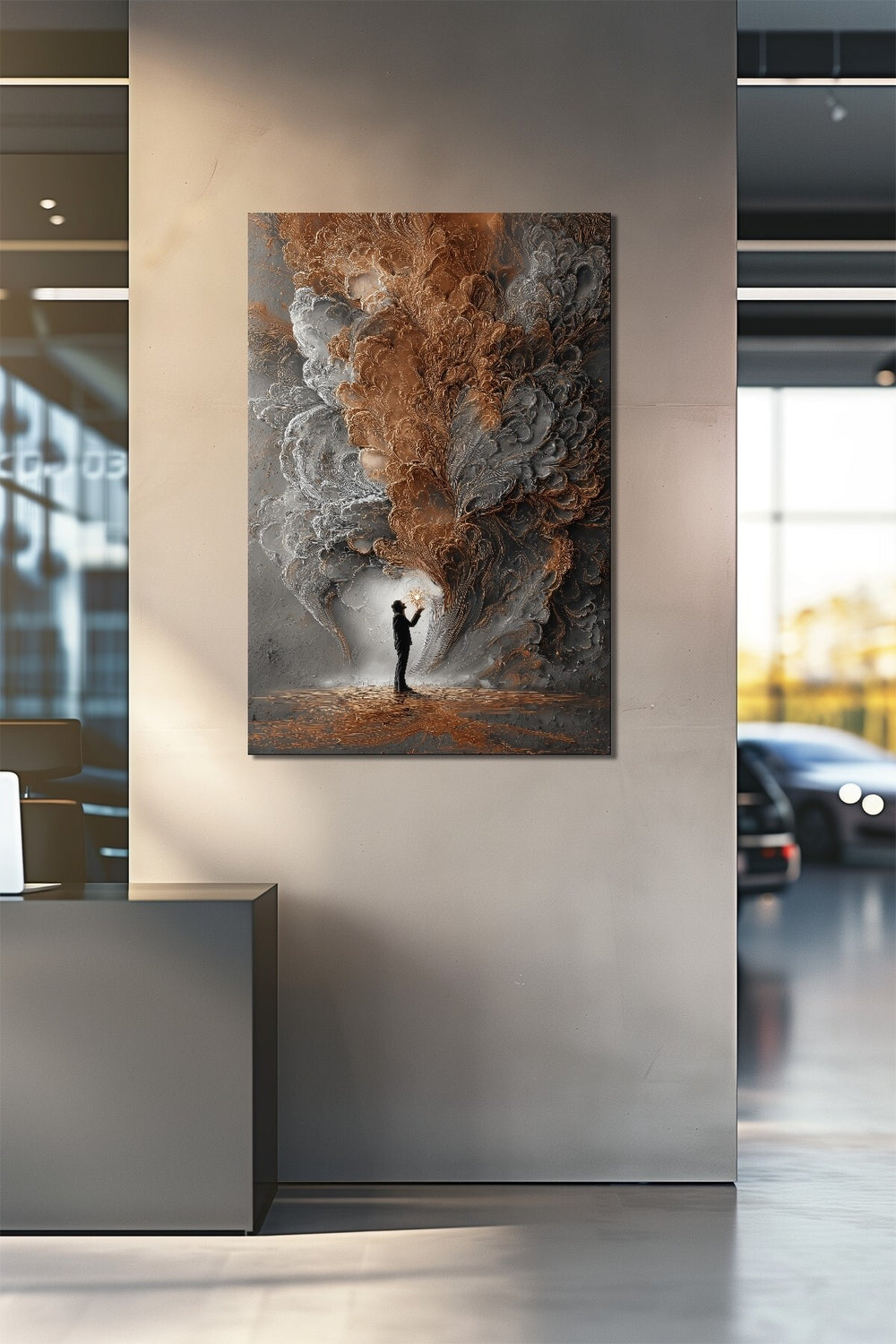 Soyut Bulut ve İnsan Silüeti Baskılı Cam Tablo – Modern Sanat UV Baskı Dekoratif Duvar Tablosu