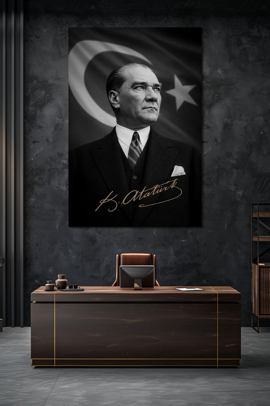 Atatürk Portre Baskılı Cam Tablo – Türk Bayrağı Arka Planlı Şık Tasarım