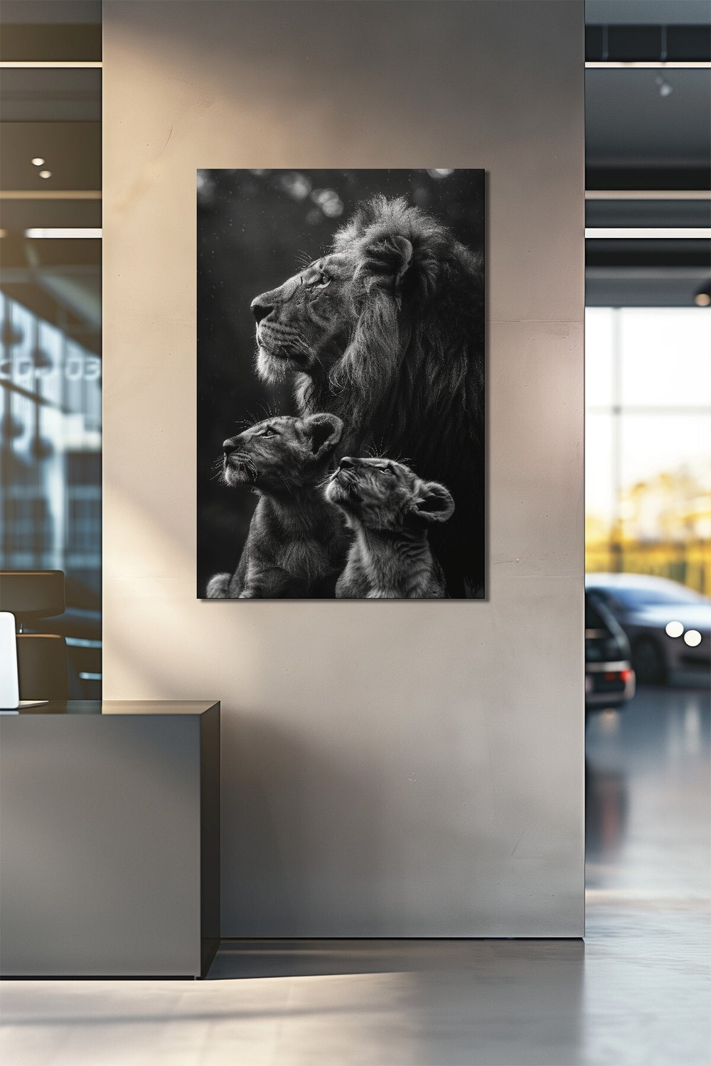 Aslan Ailesi Baskılı Cam Tablo – Siyah Beyaz Modern Hayvan Temalı UV Baskı Duvar Dekoru