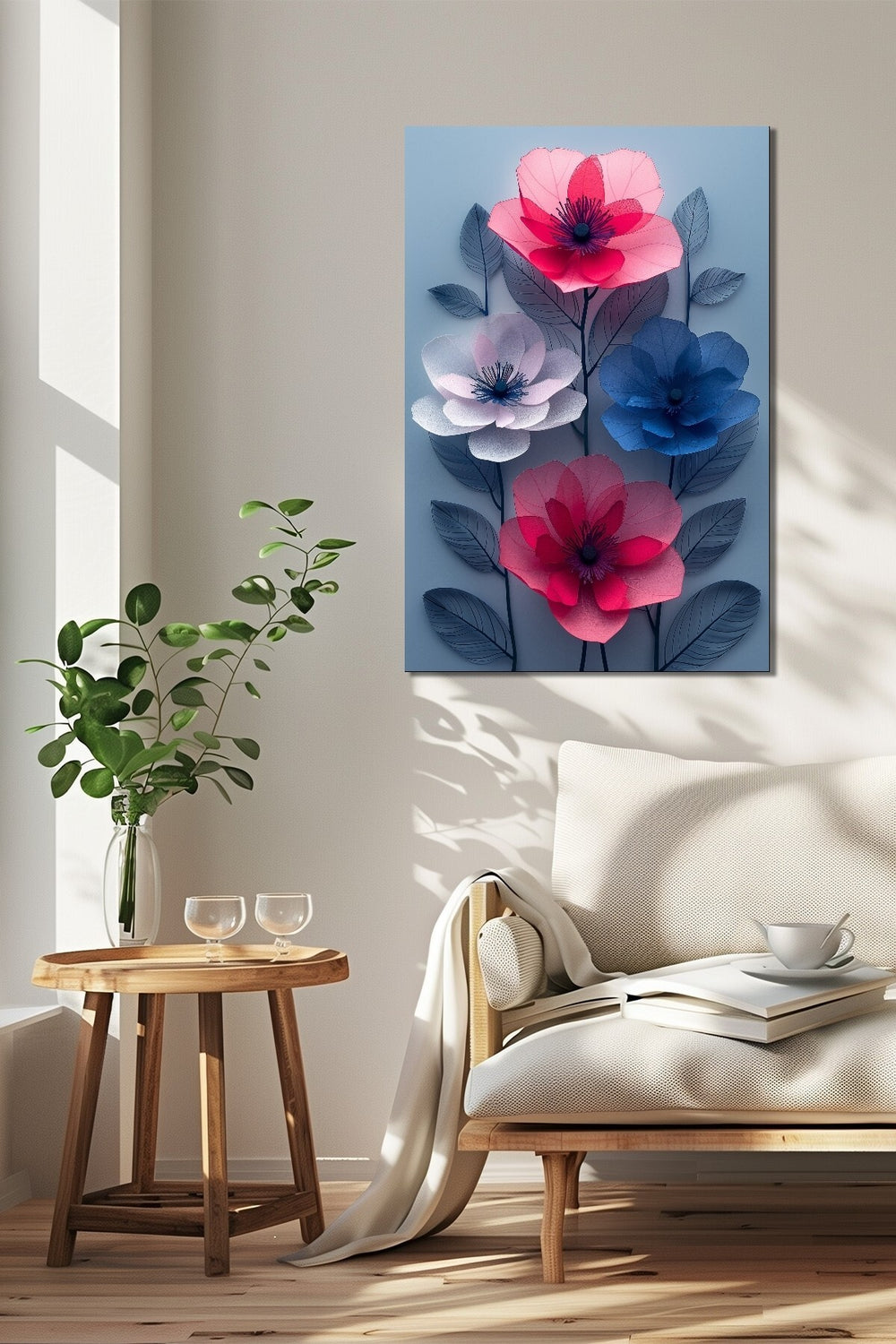Çiçek Baskılı Cam Tablo – Renkli Modern Floral Dekoratif Duvar Tablosu