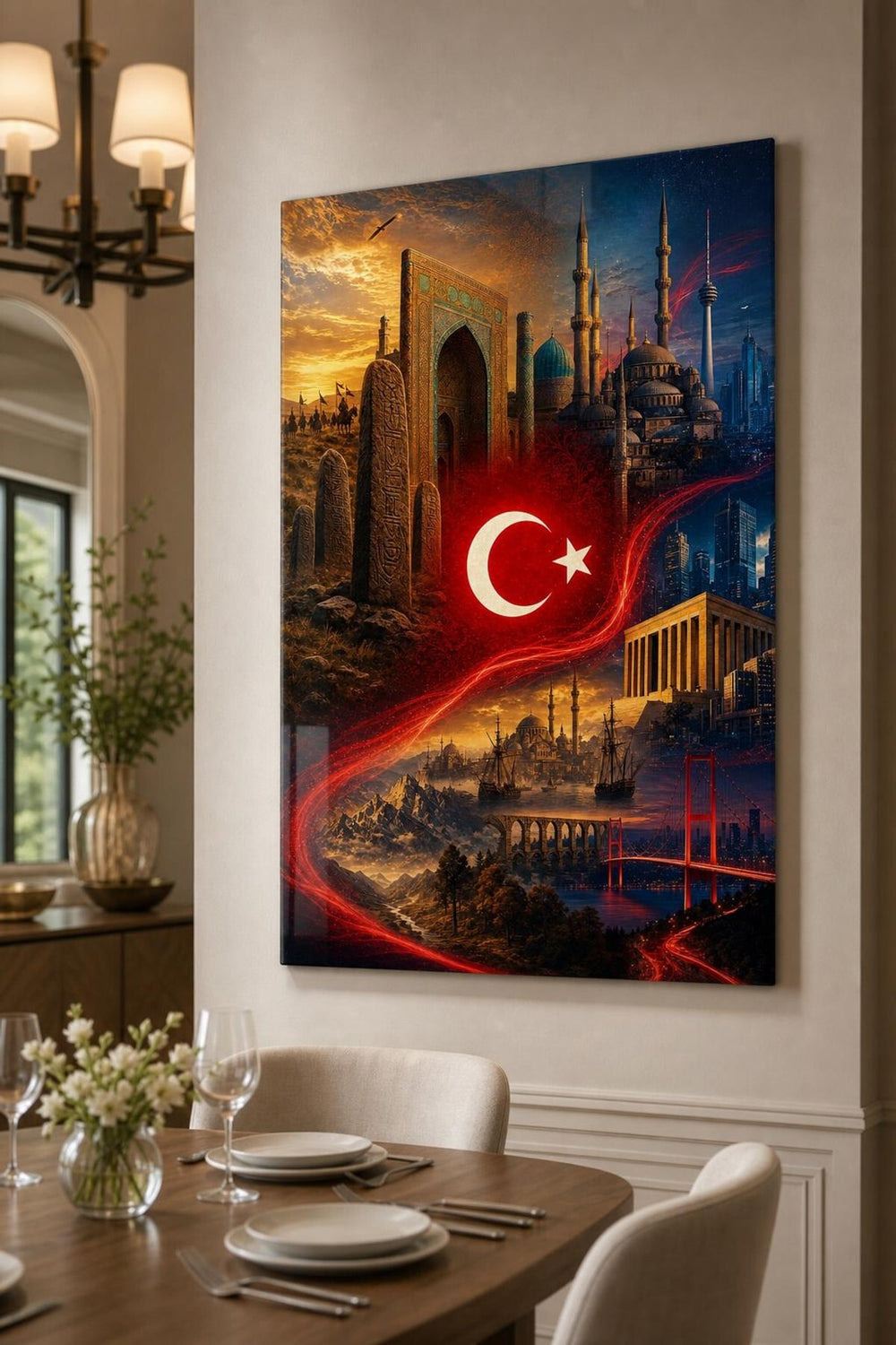 Türkiye Temalı Baskılı Cam Tablo – Türk Bayrağı ve Tarihi Mimari Duvar Dekoru