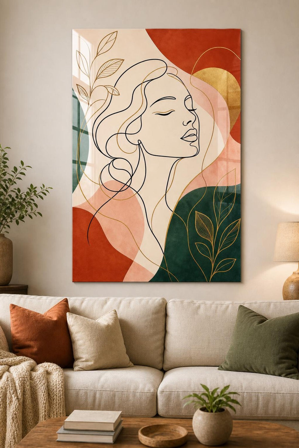 Kadın Portre Desenli Baskılı Cam Tablo – Modern Line Art UV Baskı Duvar Tablosu