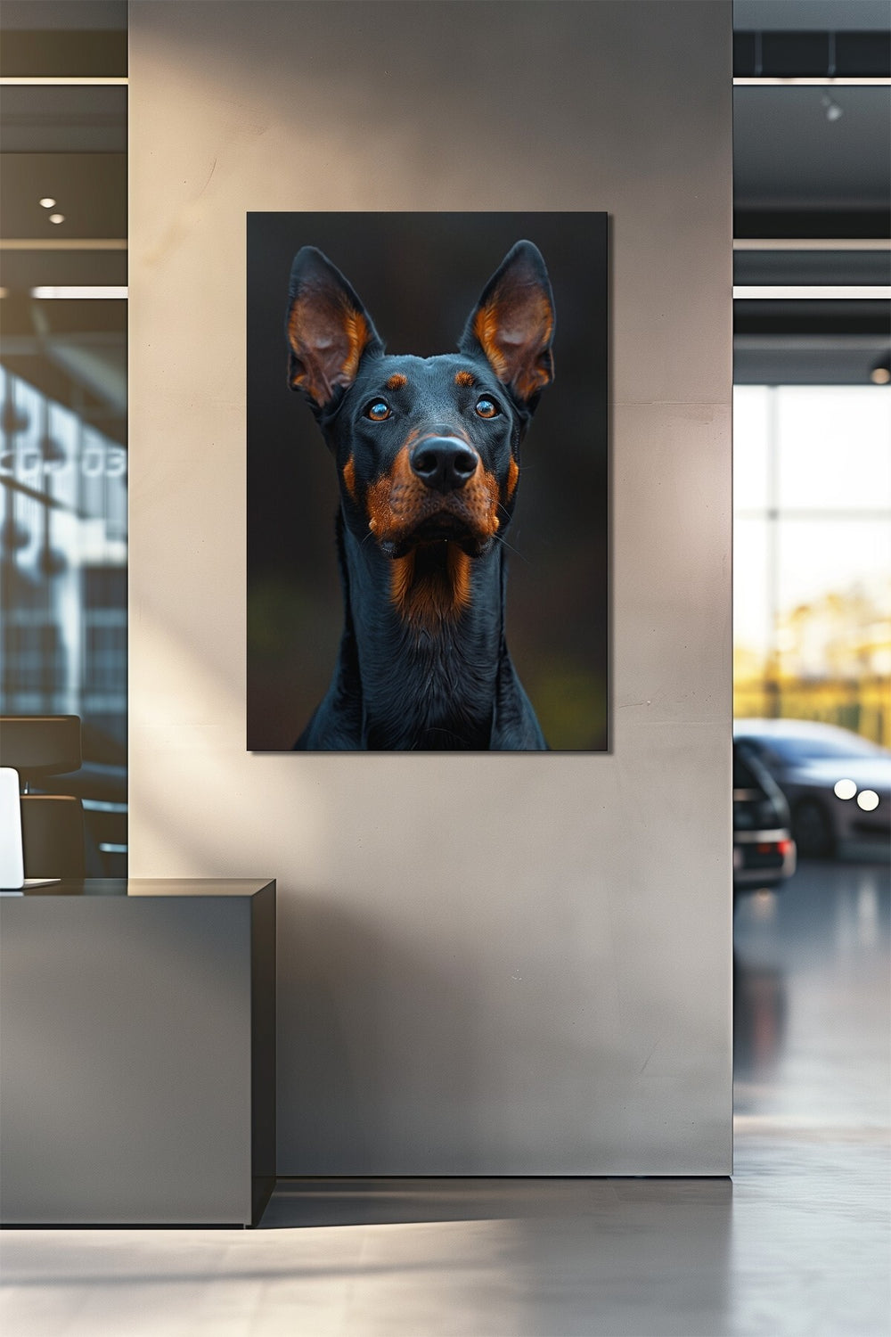 Doberman Köpek Baskılı Cam Tablo – Modern ve Karizmatik Hayvan Temalı Duvar Dekoru