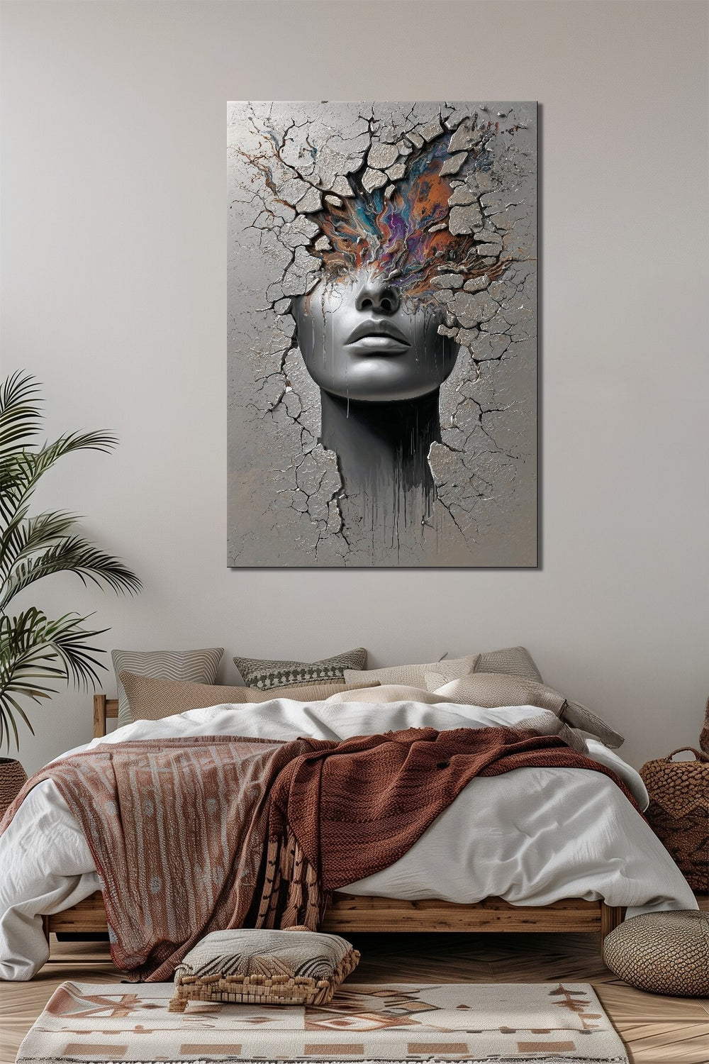 Soyut Kadın Yüzü Baskılı Cam Tablo – Çatlak Efektli Modern Sanat Duvar Dekoru