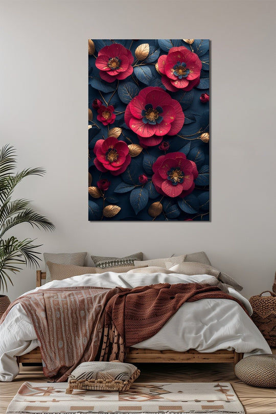 Çiçek Baskılı Cam Tablo – Kırmızı ve Lacivert 3D Floral Dekoratif Duvar Tablosu
