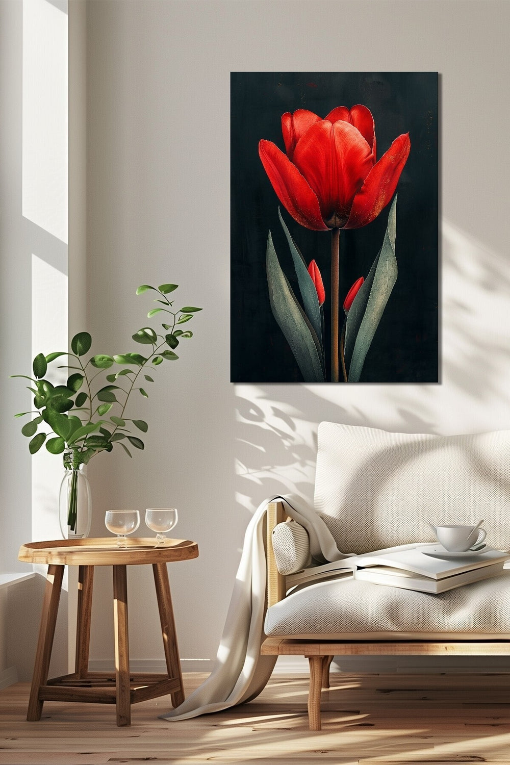 Kırmızı Lale Baskılı Cam Tablo – Minimalist Siyah Zemin Modern Çiçek Dekoru