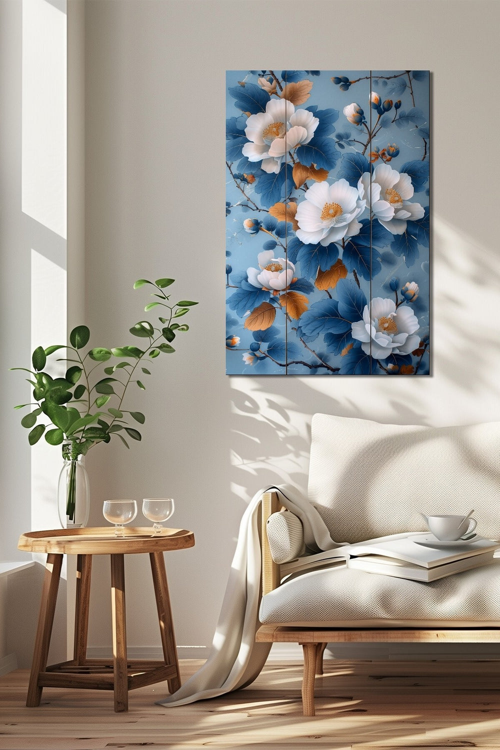 Çiçek Baskılı Cam Tablo – Mavi Beyaz Floral Desenli Şık Dekoratif Duvar Tablosu