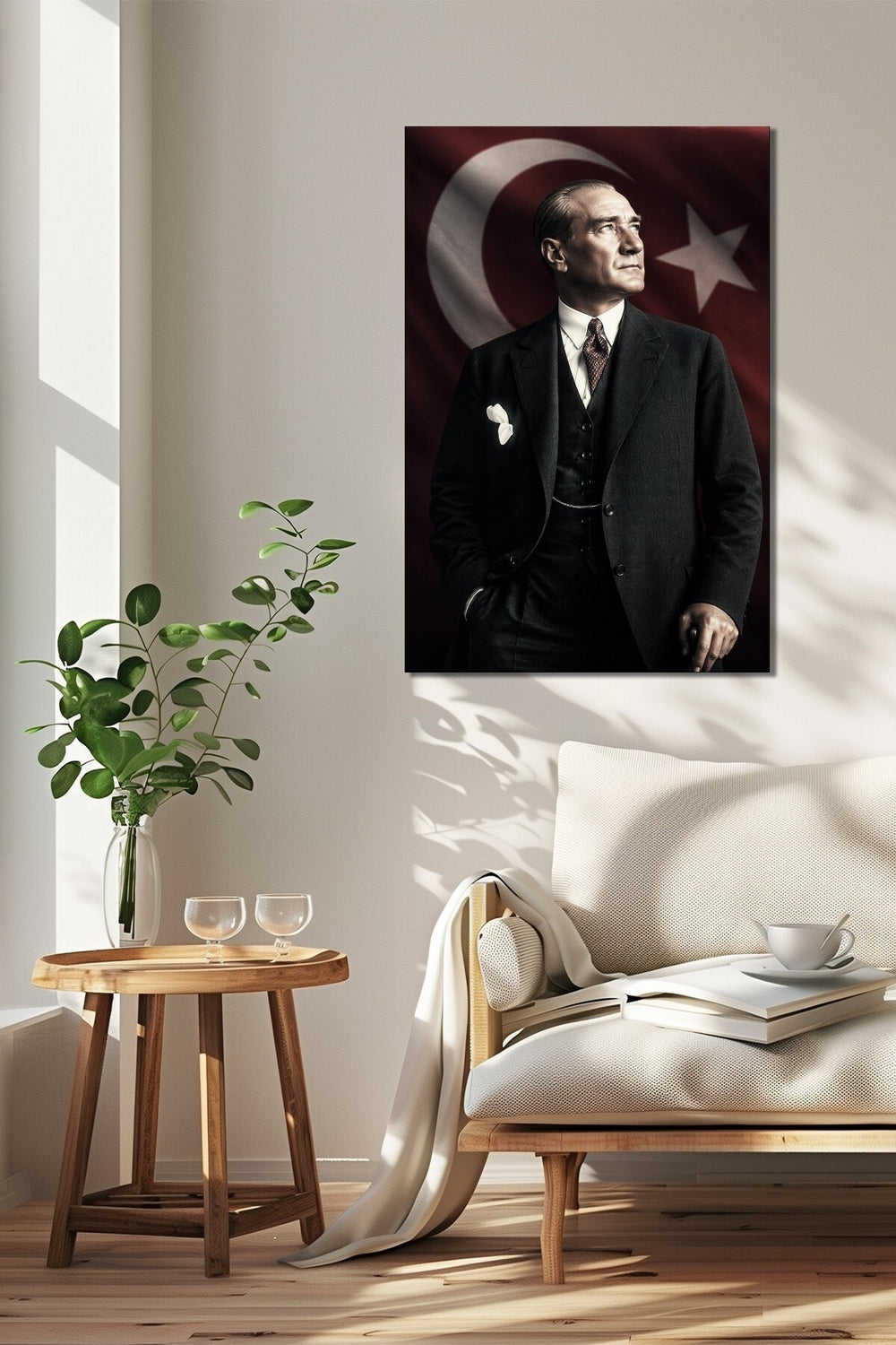 Atatürk Portre Baskılı Cam Tablo – Türk Bayraklı Prestij Serisi UV Baskı Duvar Dekoru