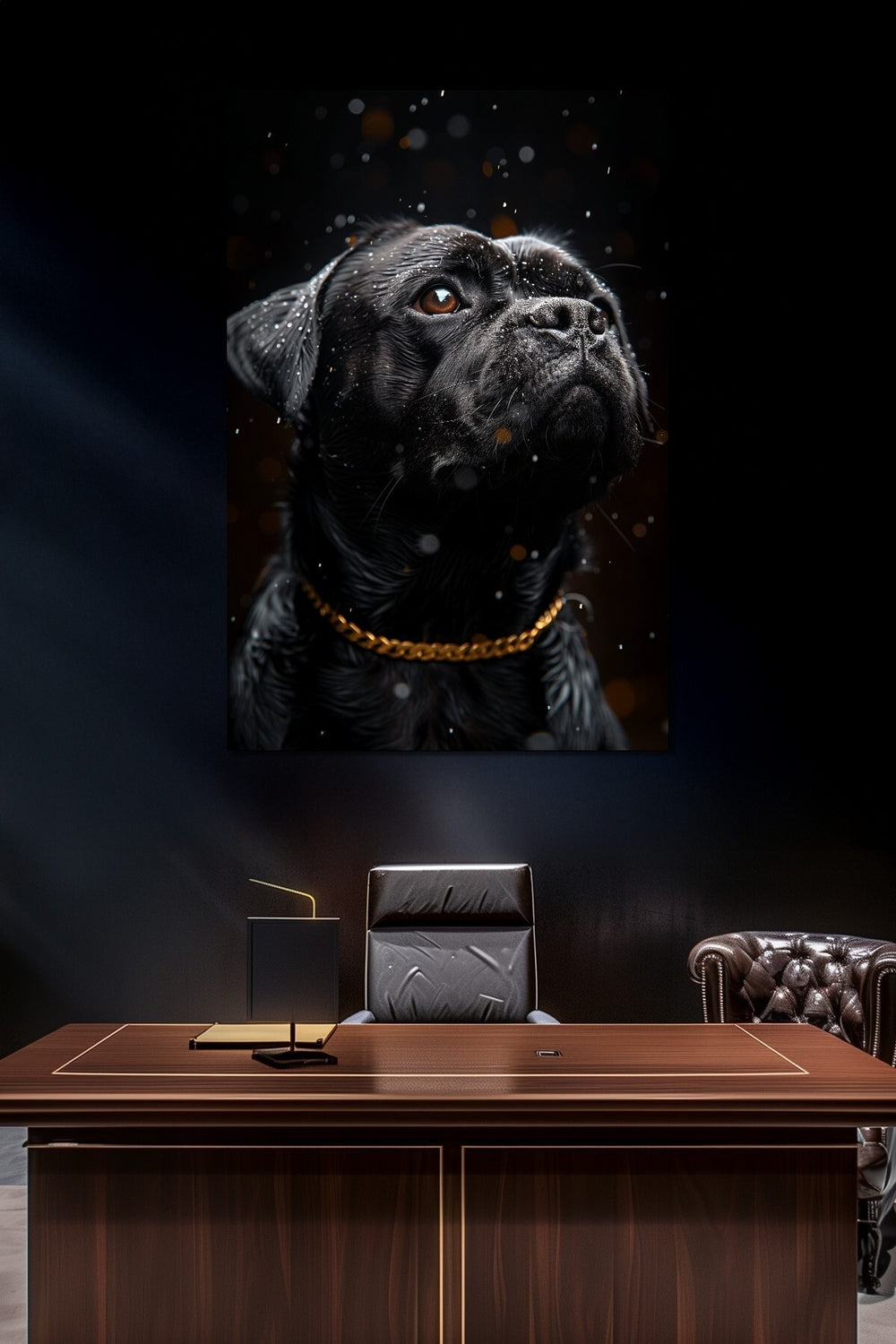 Siyah Köpek Baskılı Cam Tablo – Yağmur Efektli Gold Zincir Detaylı Modern Duvar Dekoru