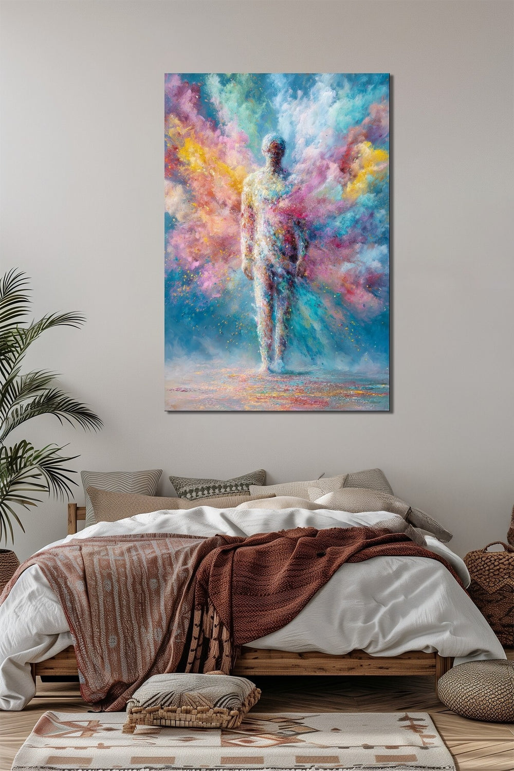 Renkli İnsan Silüeti Soyut Sanat Baskılı Cam Tablo – Modern Dekoratif Duvar Tablosu